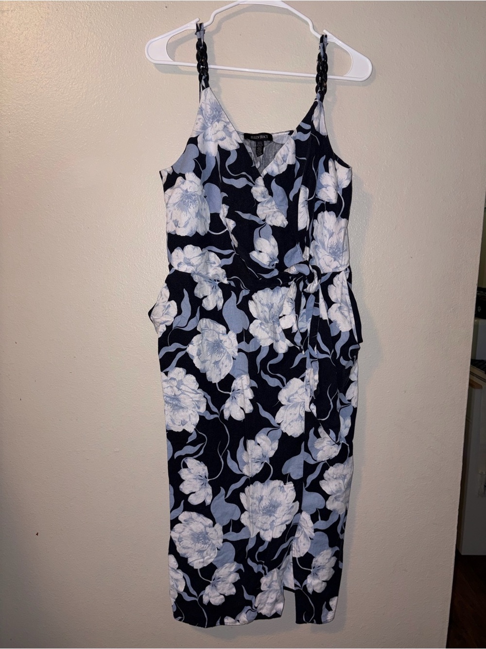 Ellen Tracy Navy and White Floral Wrap-Style Midi Dress